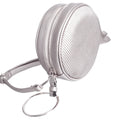 Silver vegan leather ribbed circle crossbody wristlet with gold metal circle detailing, zipper closure, and detachable matching shoulder strap