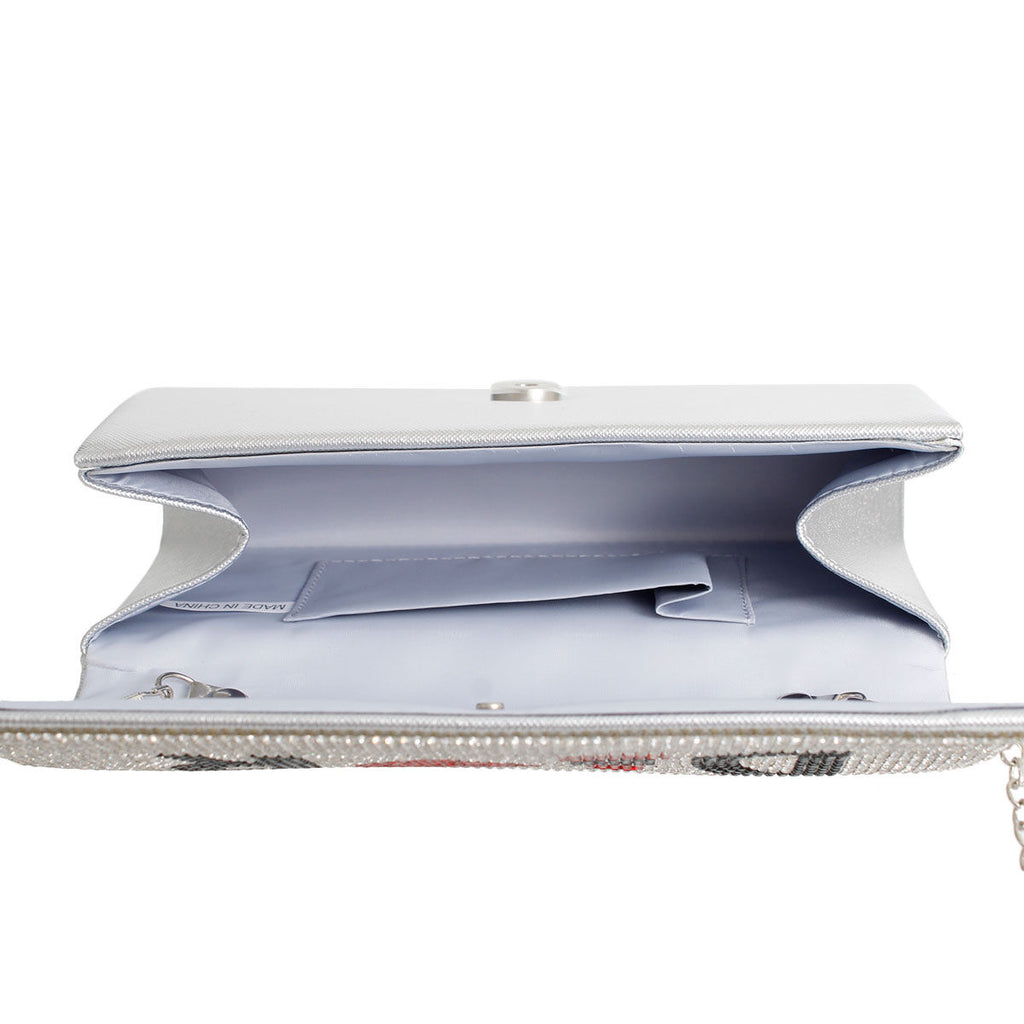 Red Rhinestone Flap Clutch – Silver-Tone Vegan Leather Evening Bag for Women