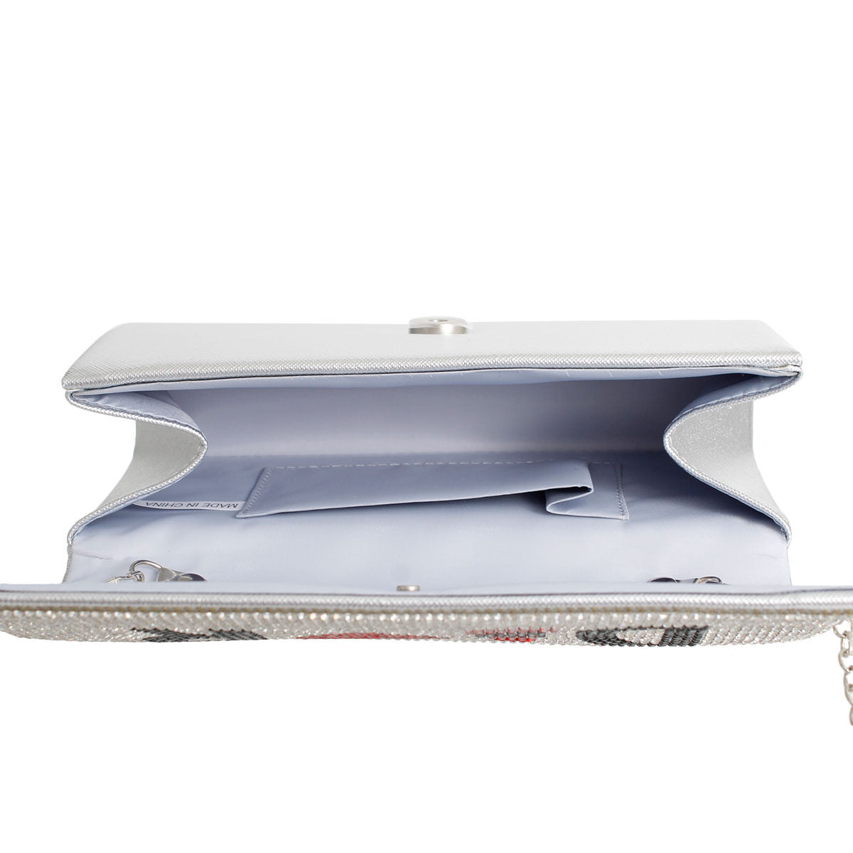 Red Rhinestone Flap Clutch – Silver-Tone Vegan Leather Evening Bag for Women