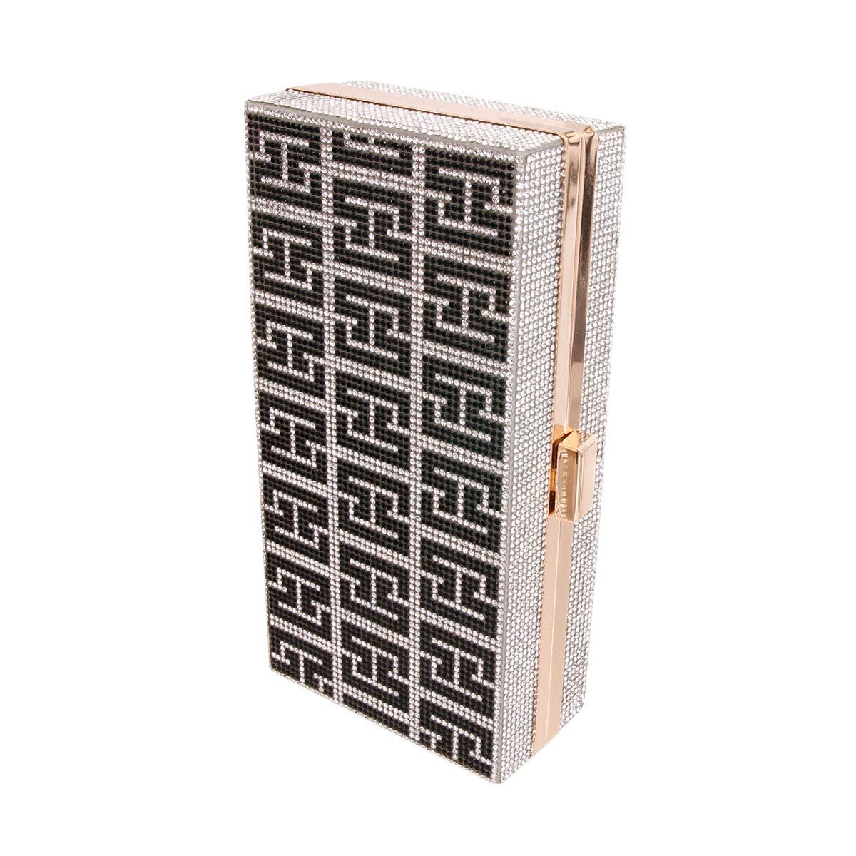 Closed rectangular hardcase clutch with a black-and-silver rhinestone Greek-key pattern, gold-tone frame and push lock on a white background