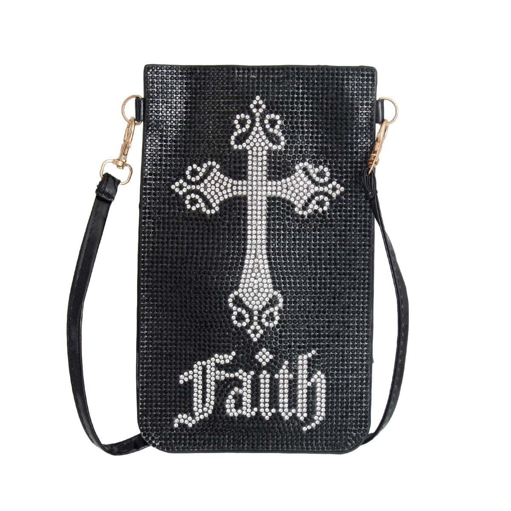 Front of a black phone crossbody bag covered in tiny black rhinestones, with a large silver crystal cross with ornate flared ends and script lettering below it, and a black strap with gold-tone swivel clips