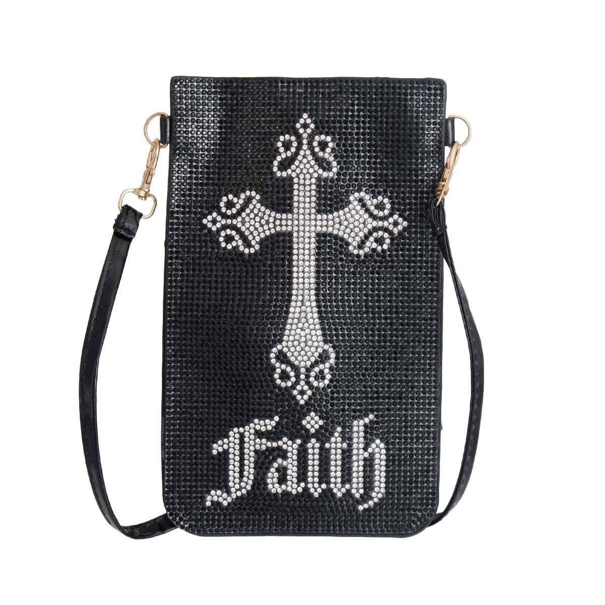 Front of a black phone crossbody bag covered in tiny black rhinestones, with a large silver crystal cross with ornate flared ends and script lettering below it, and a black strap with gold-tone swivel clips