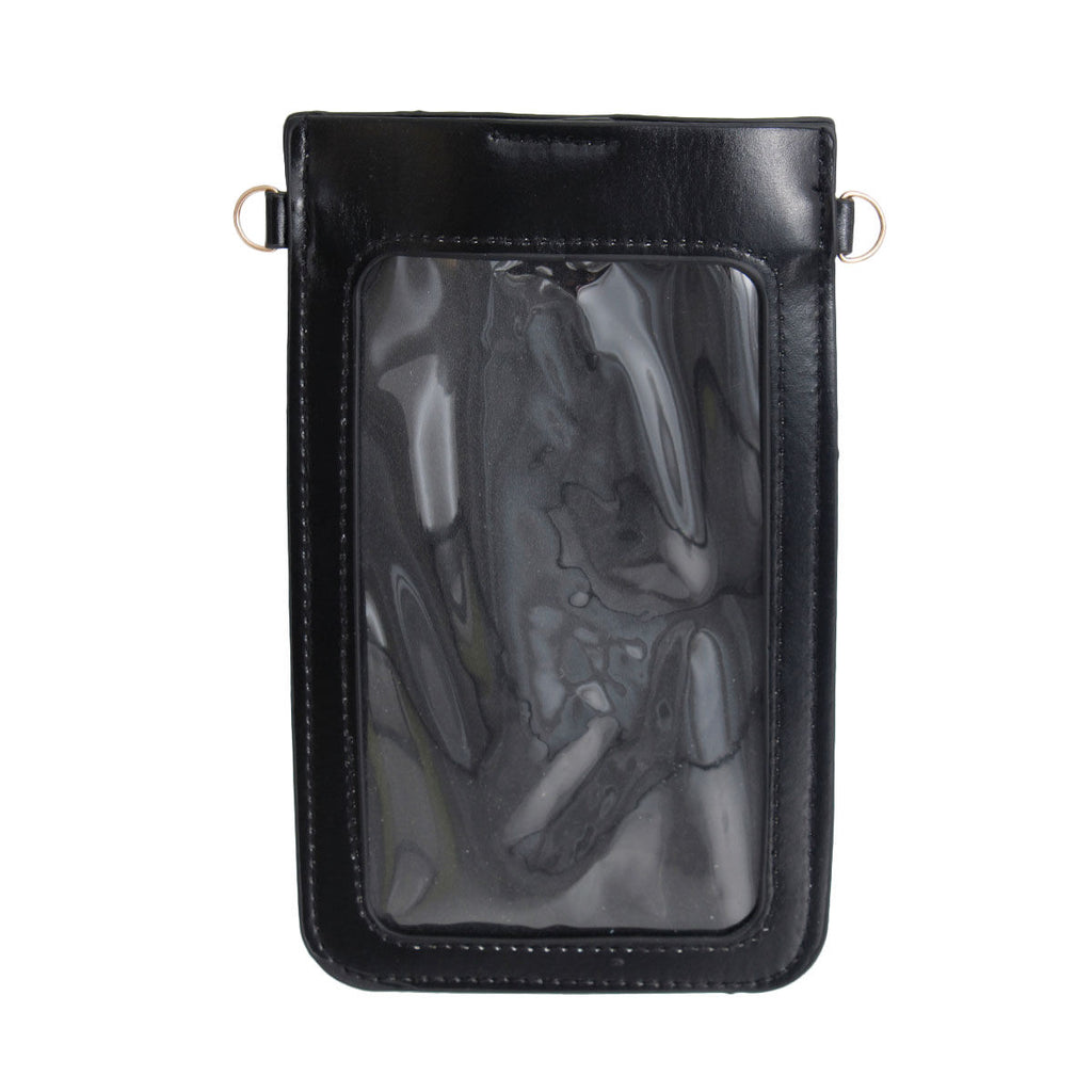 Back of the same bag showing smooth black faux leather with a large clear touchscreen window panel and silver-tone rings where the strap attaches