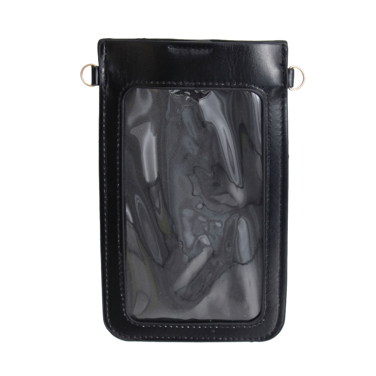 Back of the same bag showing smooth black faux leather with a large clear touchscreen window panel and silver-tone rings where the strap attaches