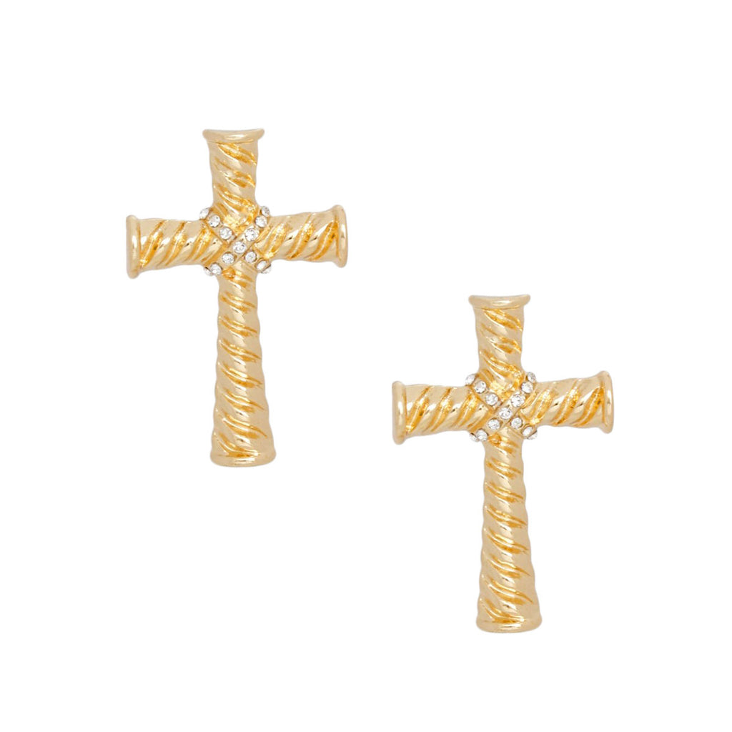 Pair of gold-tone cross stud earrings with diagonal ridged texture and a crisscross cluster of clear rhinestones on white