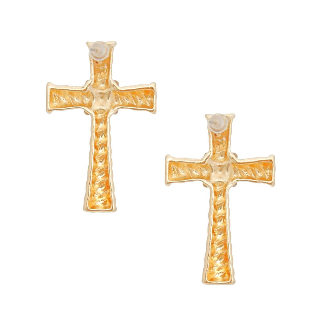 Back view of a pair of gold-tone textured cross stud earrings showing clear round center crystals and post backs on white