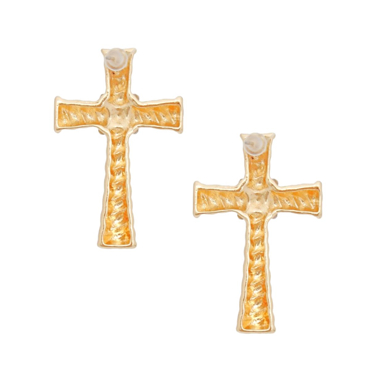 Back view of a pair of gold-tone textured cross stud earrings showing clear round center crystals and post backs on white