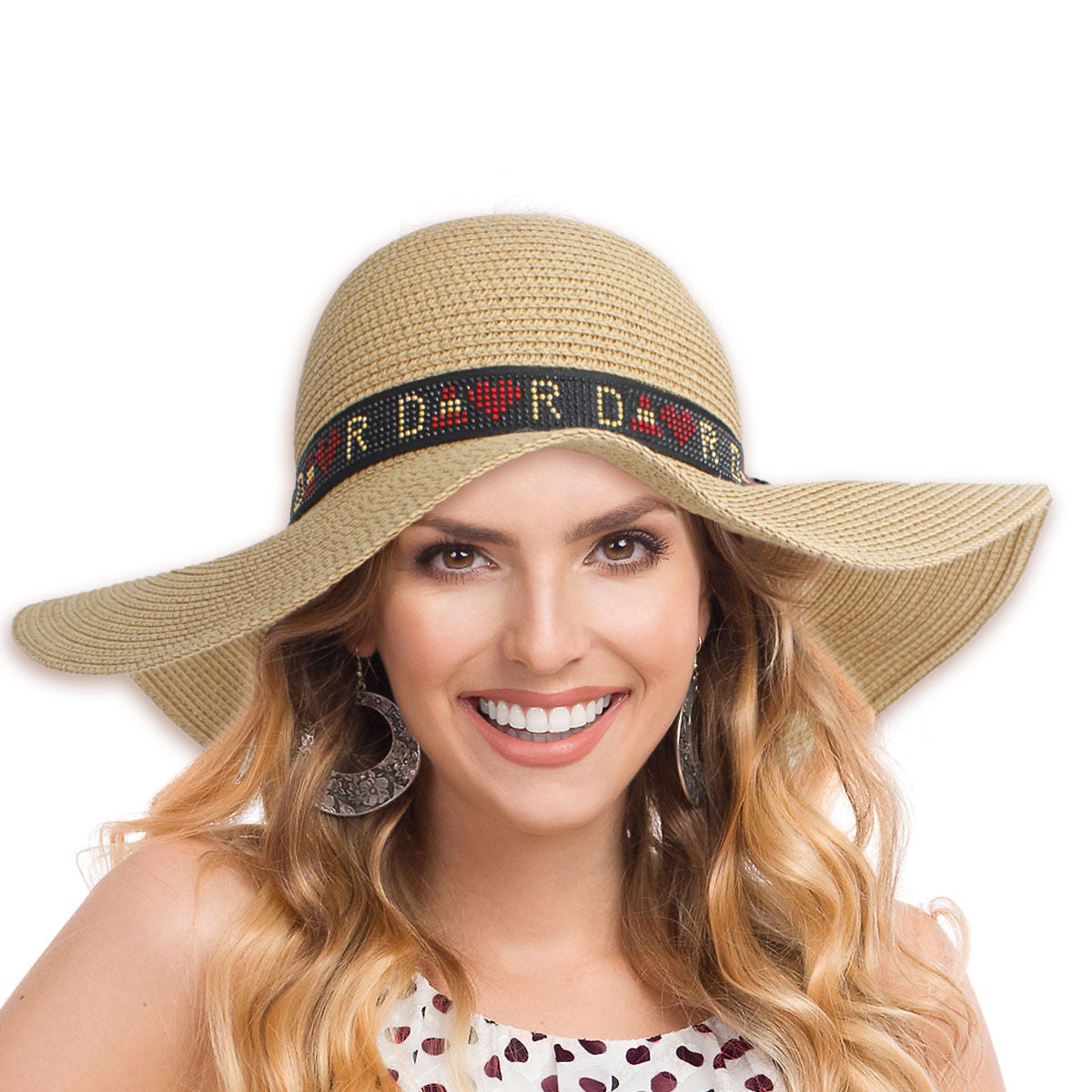 Khaki Rhinestone Panama Hat for Women – Wide Brim Straw Sun Hat