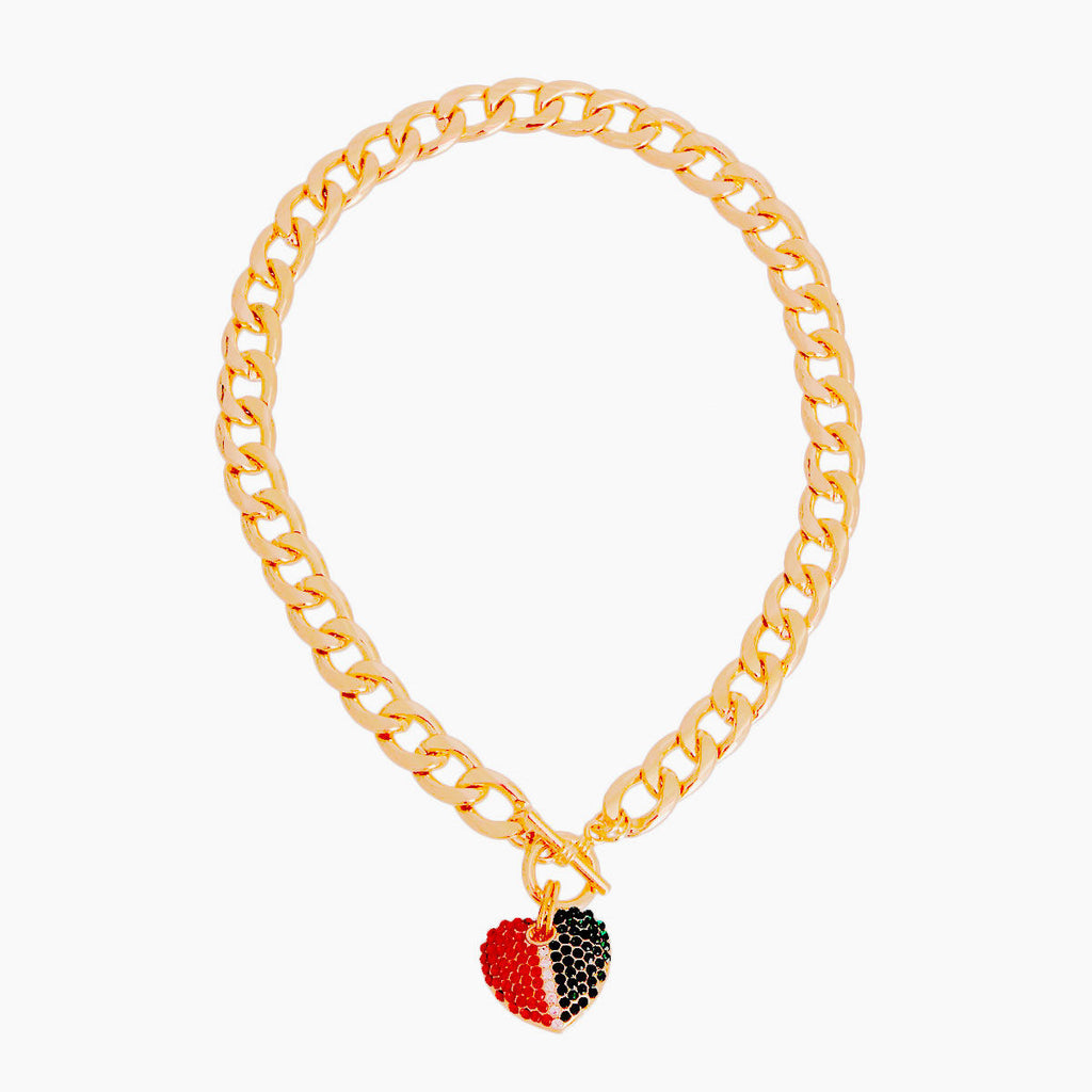 Two-Tone Heart Charm Toggle Necklace | Red & Green Rhinestone Pendant