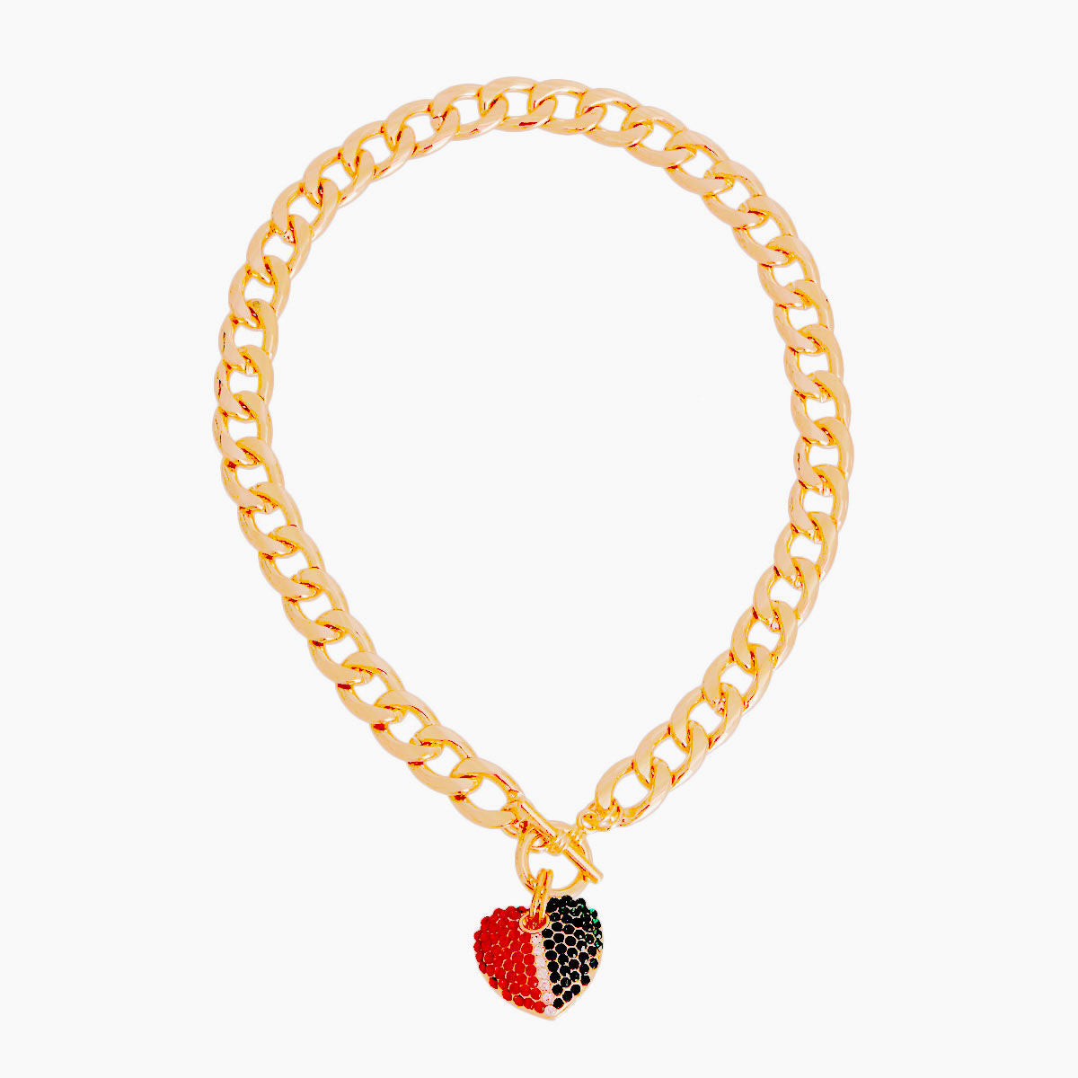 Two-Tone Heart Charm Toggle Necklace | Red & Green Rhinestone Pendant