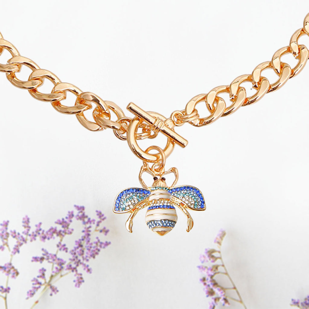 Gold Blue & White Rhinestone Bee Charm Toggle Necklace