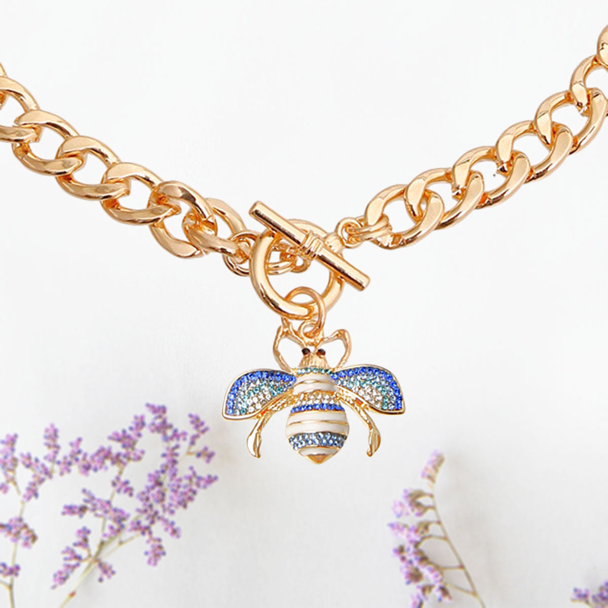 Gold Blue & White Rhinestone Bee Charm Toggle Necklace