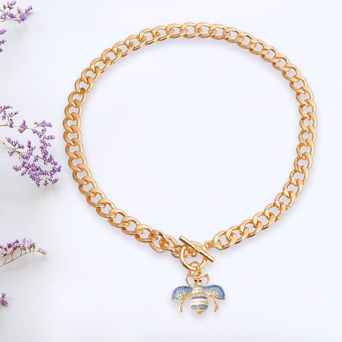 Gold Blue & White Rhinestone Bee Charm Toggle Necklace