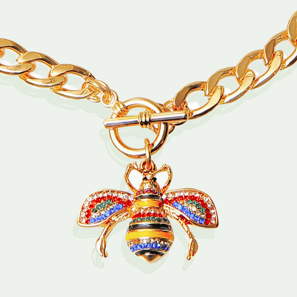 Gold Multi-Color Rhinestone Bee Charm Toggle Necklace