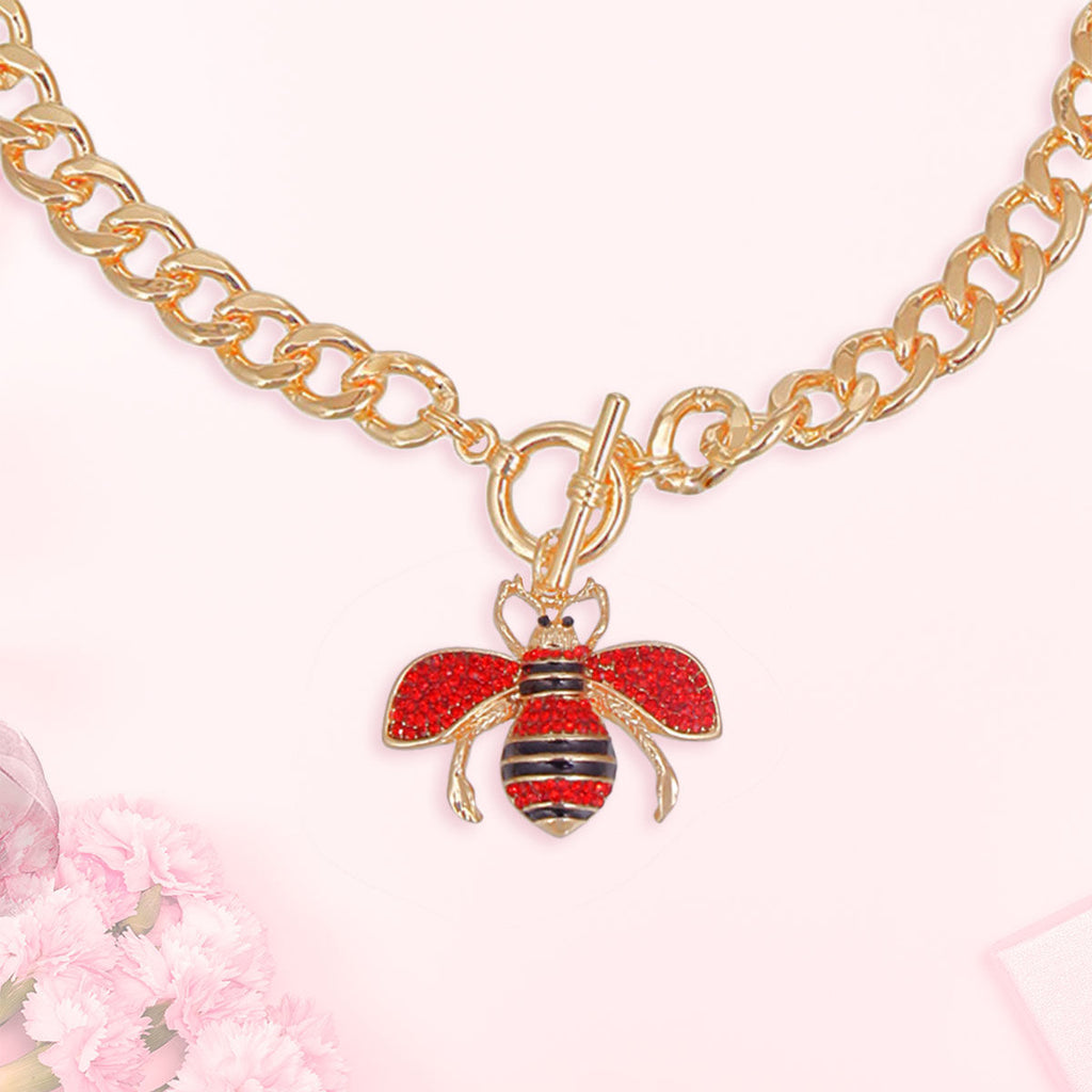 Gold Red Crystal Rhinestone Bee Charm Toggle Necklace