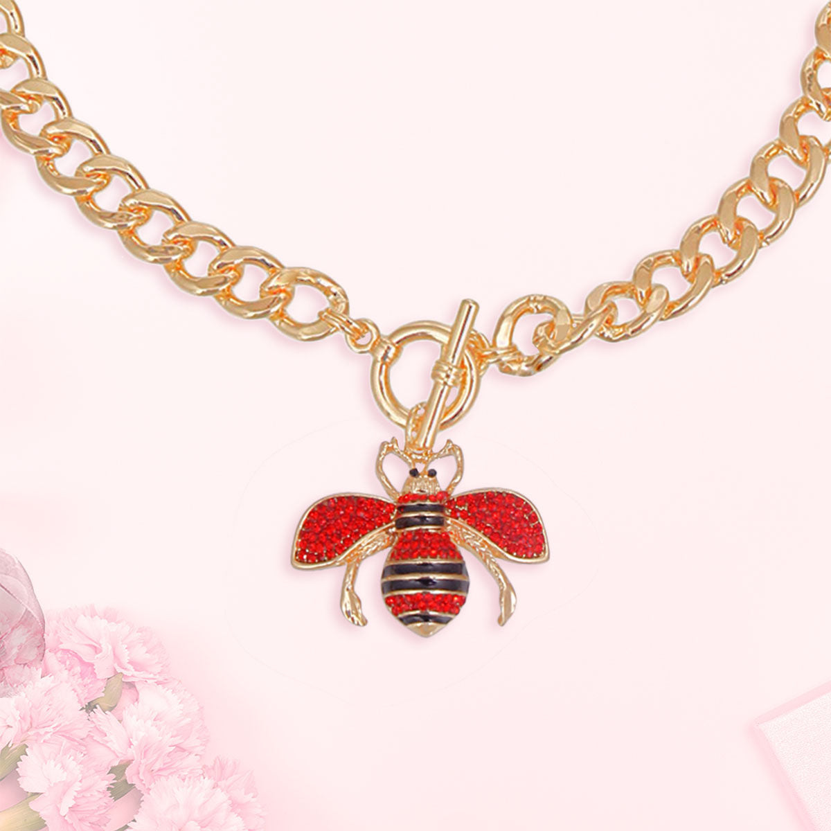 Gold Red Crystal Rhinestone Bee Charm Toggle Necklace