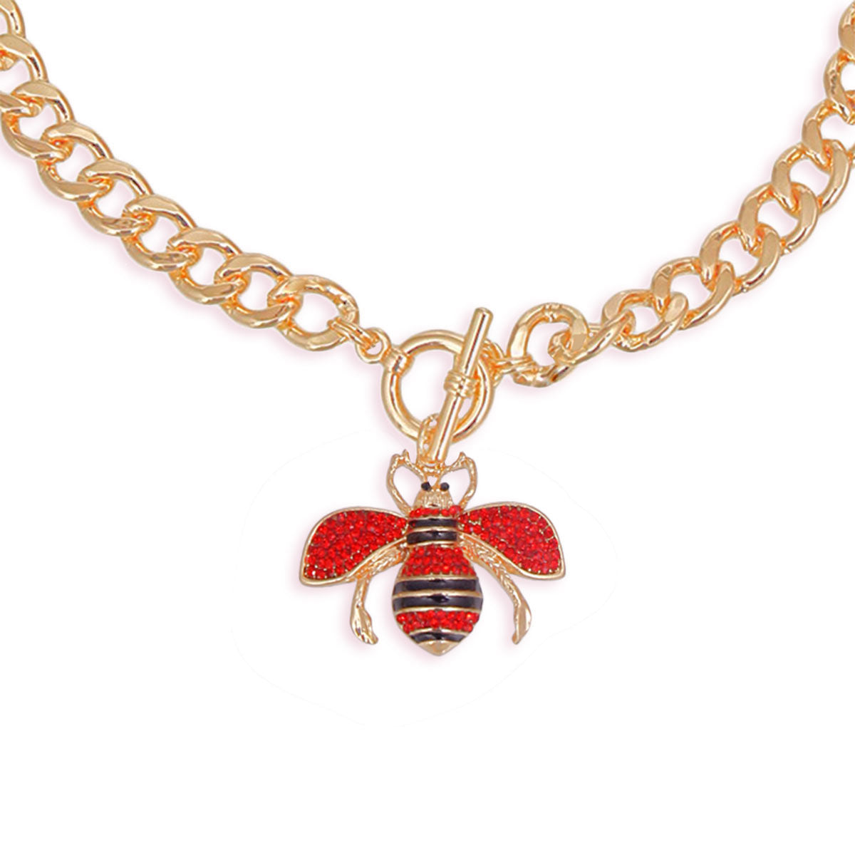 Gold Red Crystal Rhinestone Bee Charm Toggle Necklace