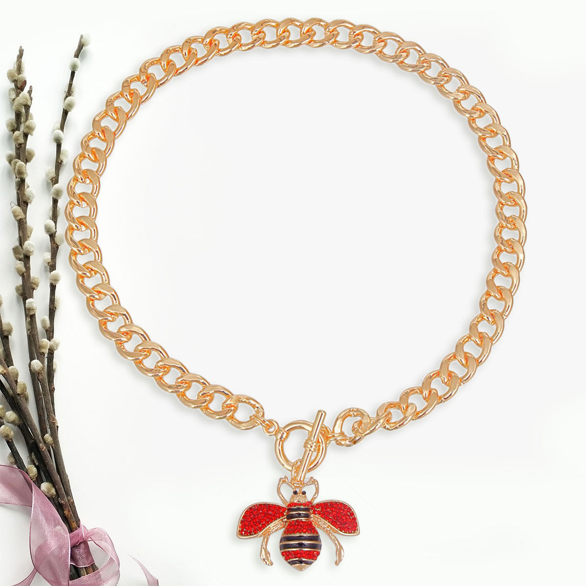 Gold Red Crystal Rhinestone Bee Charm Toggle Necklace