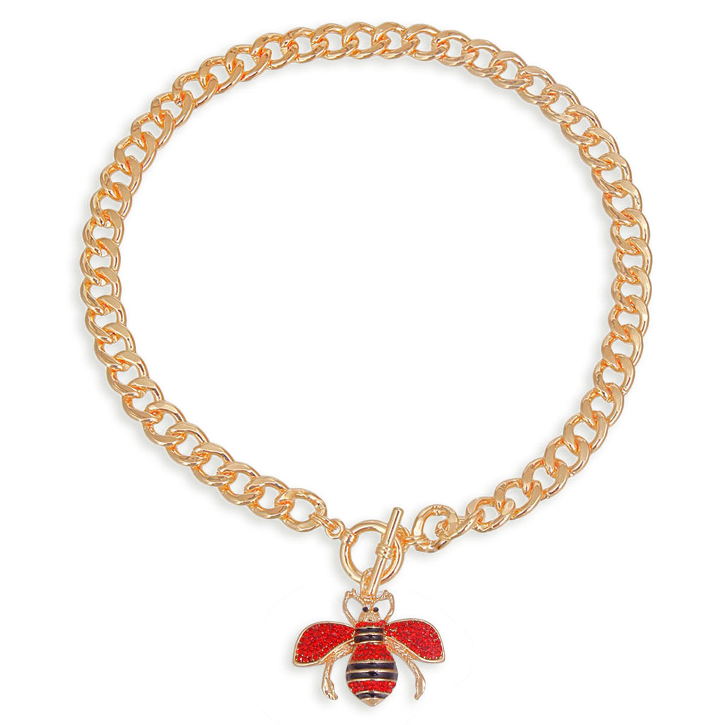 Gold Red Crystal Rhinestone Bee Charm Toggle Necklace