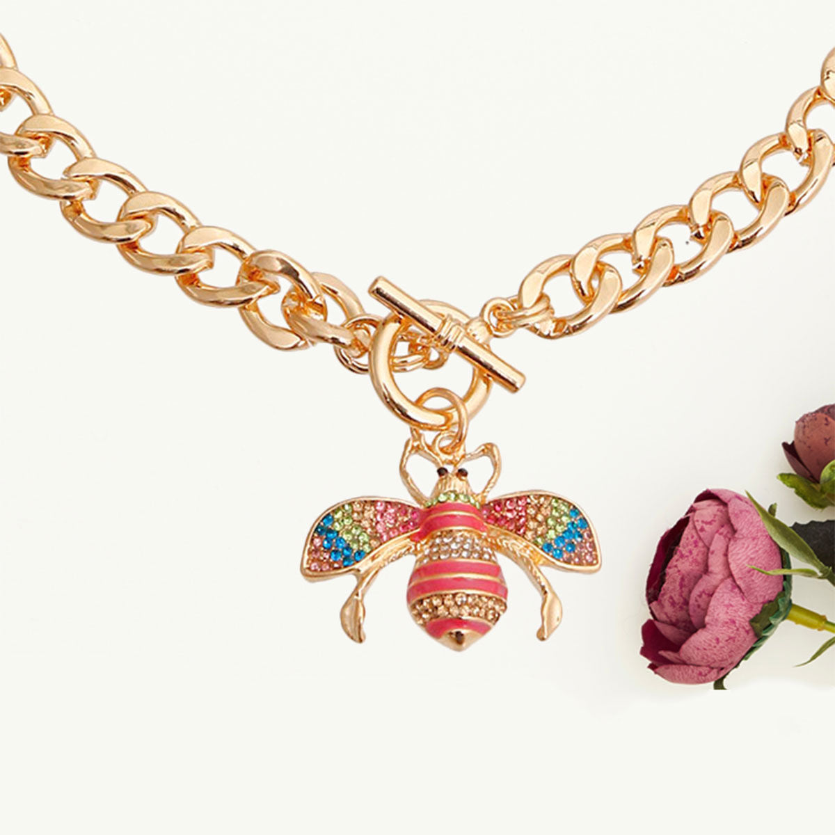 Gold Rainbow Rhinestone Bee Charm Toggle Necklace