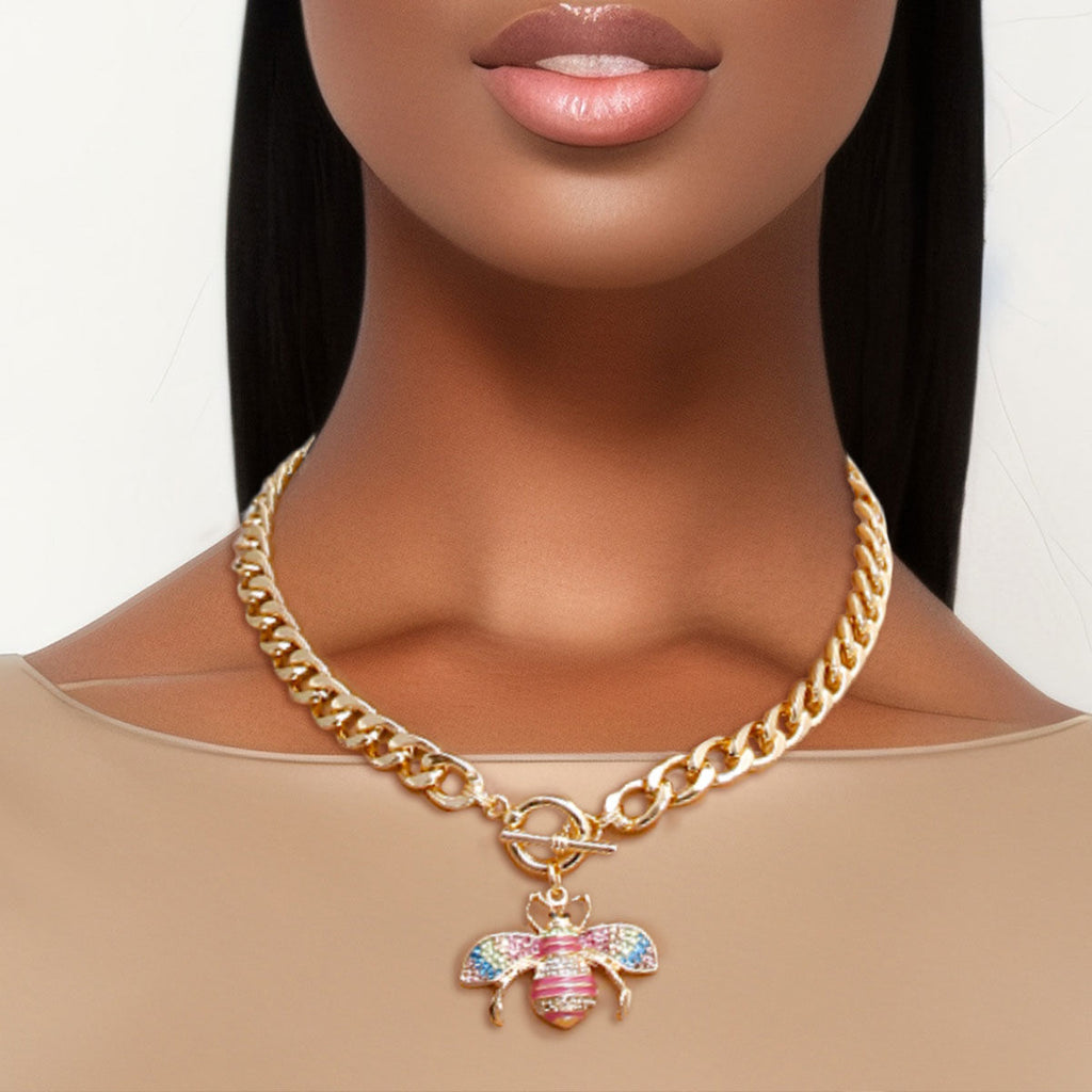 Gold Multi-Color Rhinestone Bee Charm Toggle Necklace