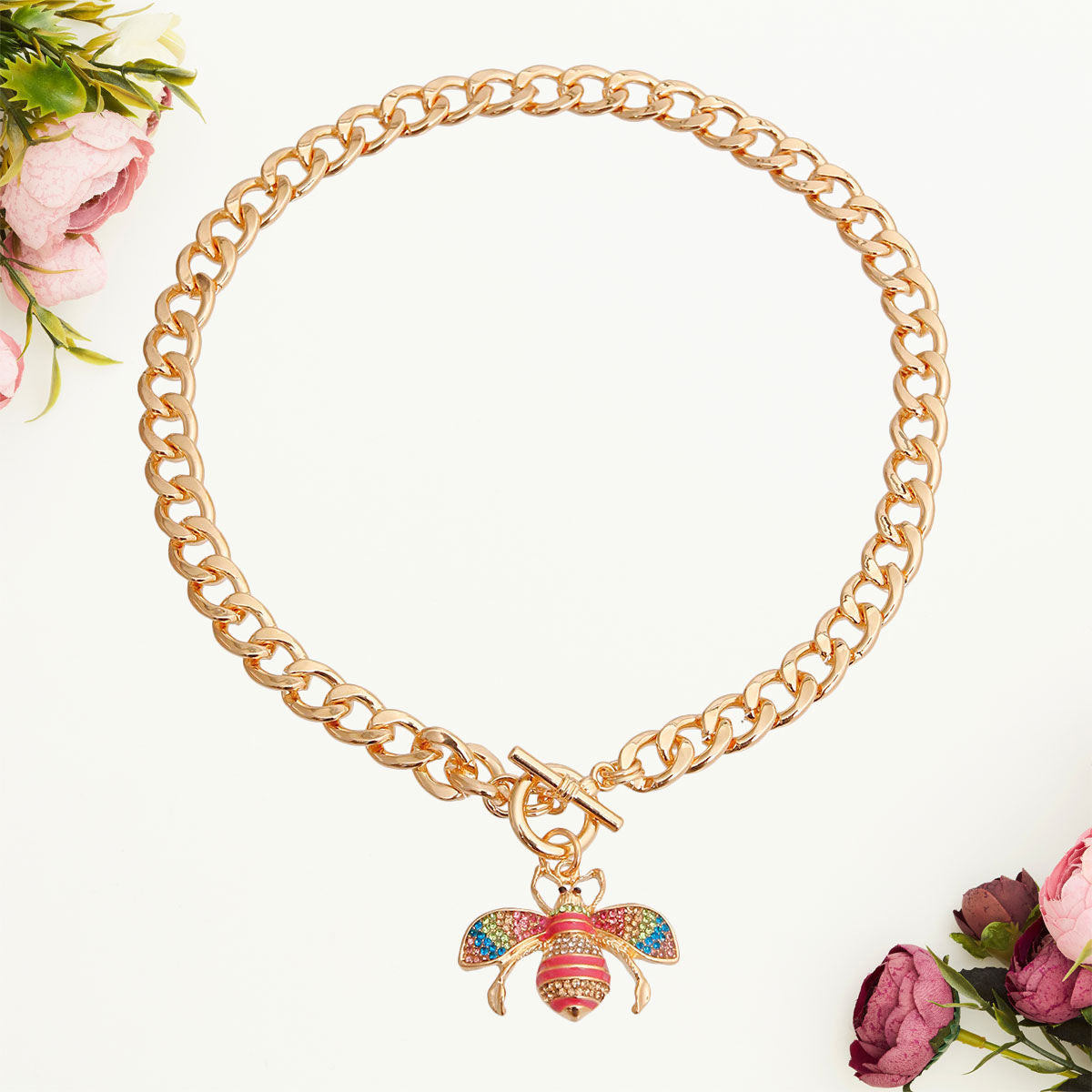 Gold Multi-Color Rhinestone Bee Charm Toggle Necklace