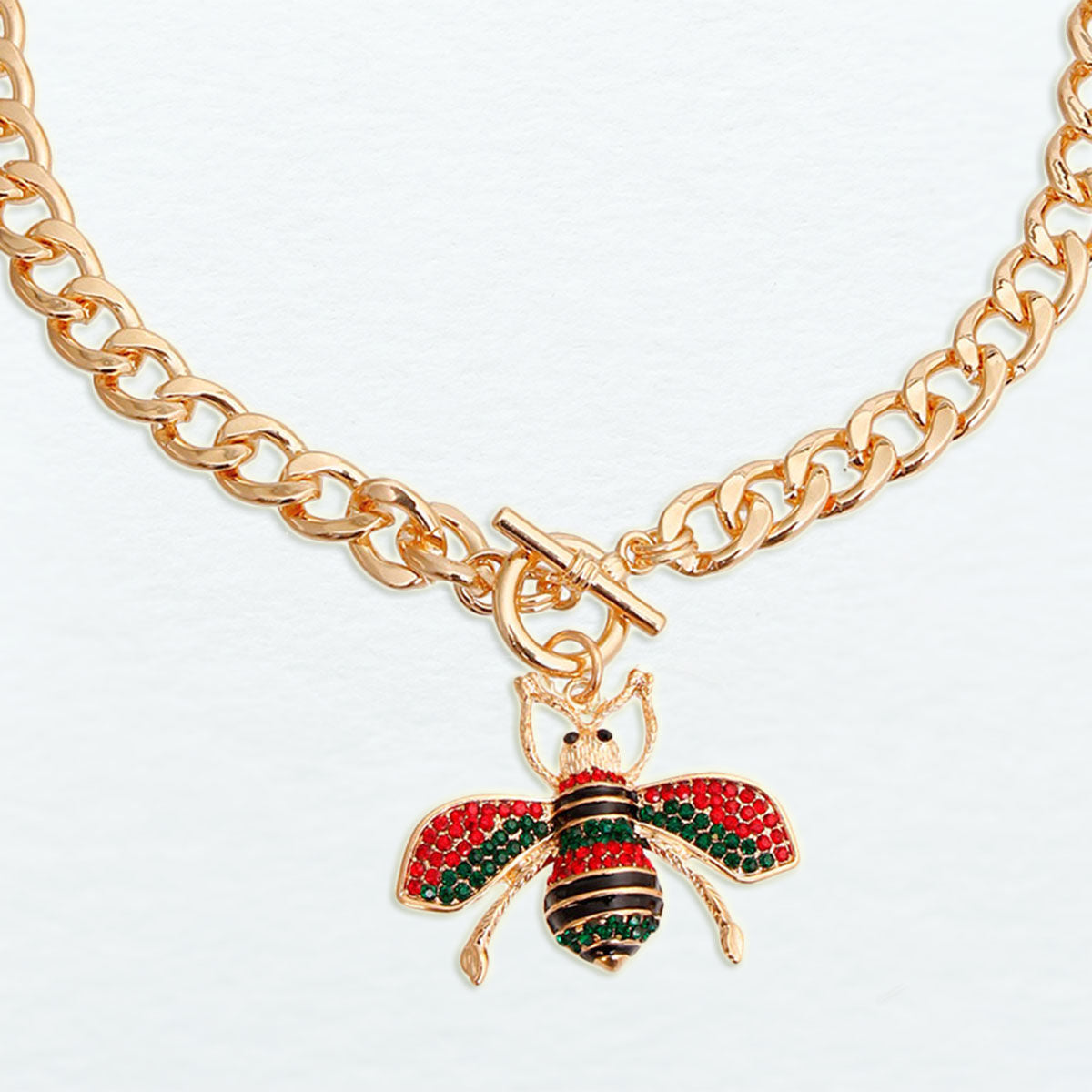 Red & Green Rhinestone Bee Charm Toggle Necklace | 2" Pendant