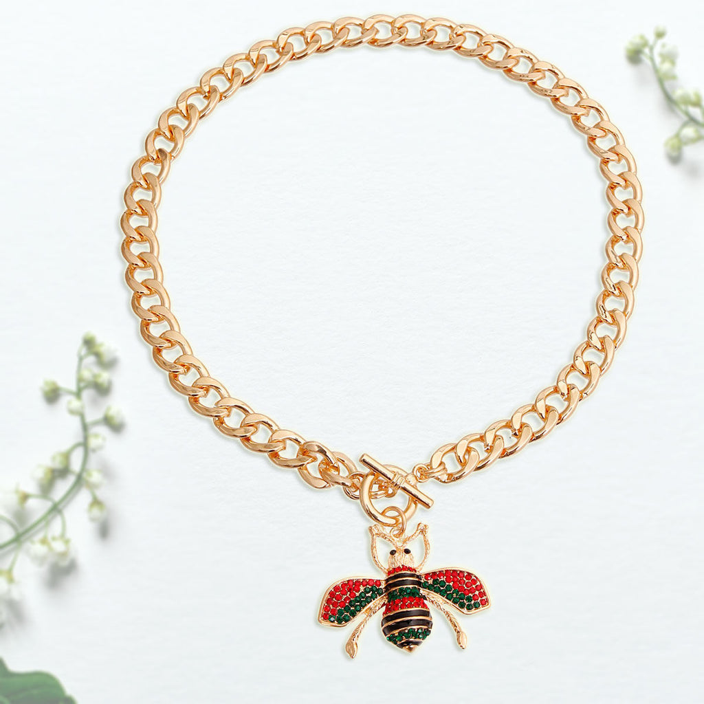 Red & Green Rhinestone Bee Charm Toggle Necklace | 2" Pendant