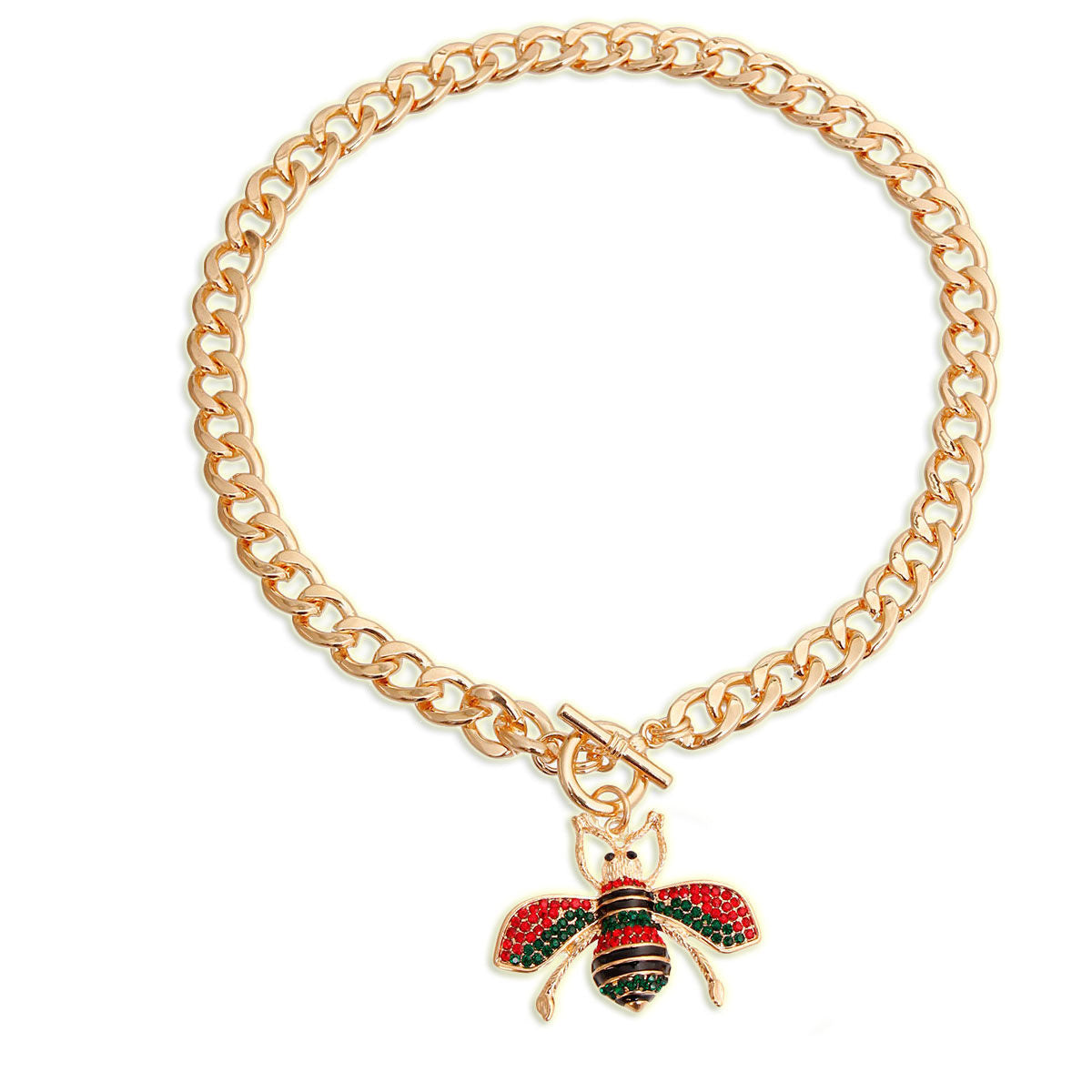 Red & Green Rhinestone Bee Charm Toggle Necklace | 2" Pendant