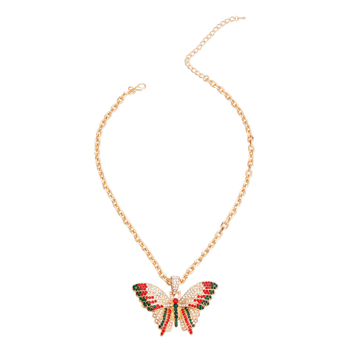 Gold Oval Chain Butterfly Pendant Necklace with Red & Green Rhinestones