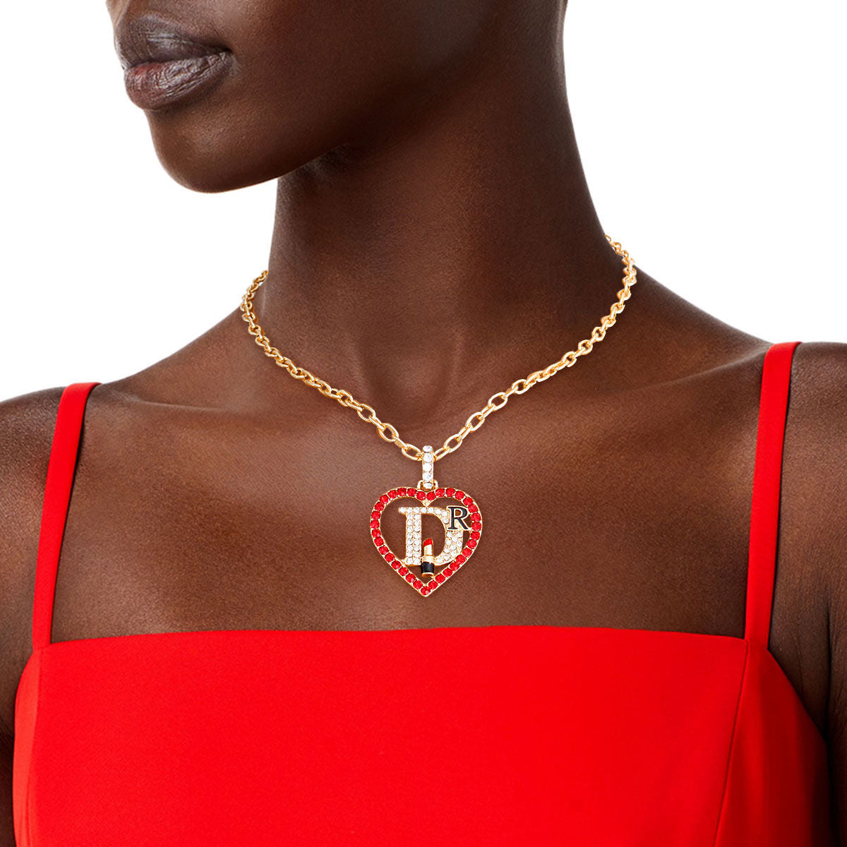 Red Rhinestone Heart Pendant Necklace – Gold-Tone Chain Necklace for Women