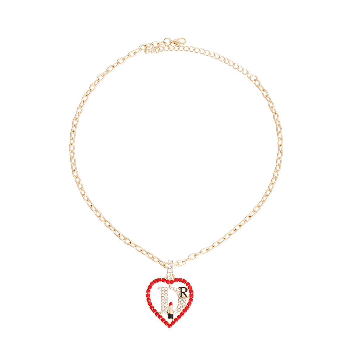 Red Rhinestone Heart Pendant Necklace – Gold-Tone Chain Necklace for Women