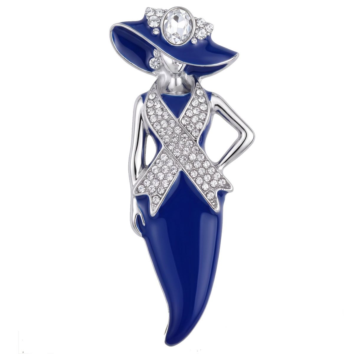 A fashion brooch shaped like a woman in a wide-brimmed hat, featuring a deep blue enamel finish and silver-tone metal with clear rhinestones on the hat band and cross-shaped bodice, set against a plain white background.