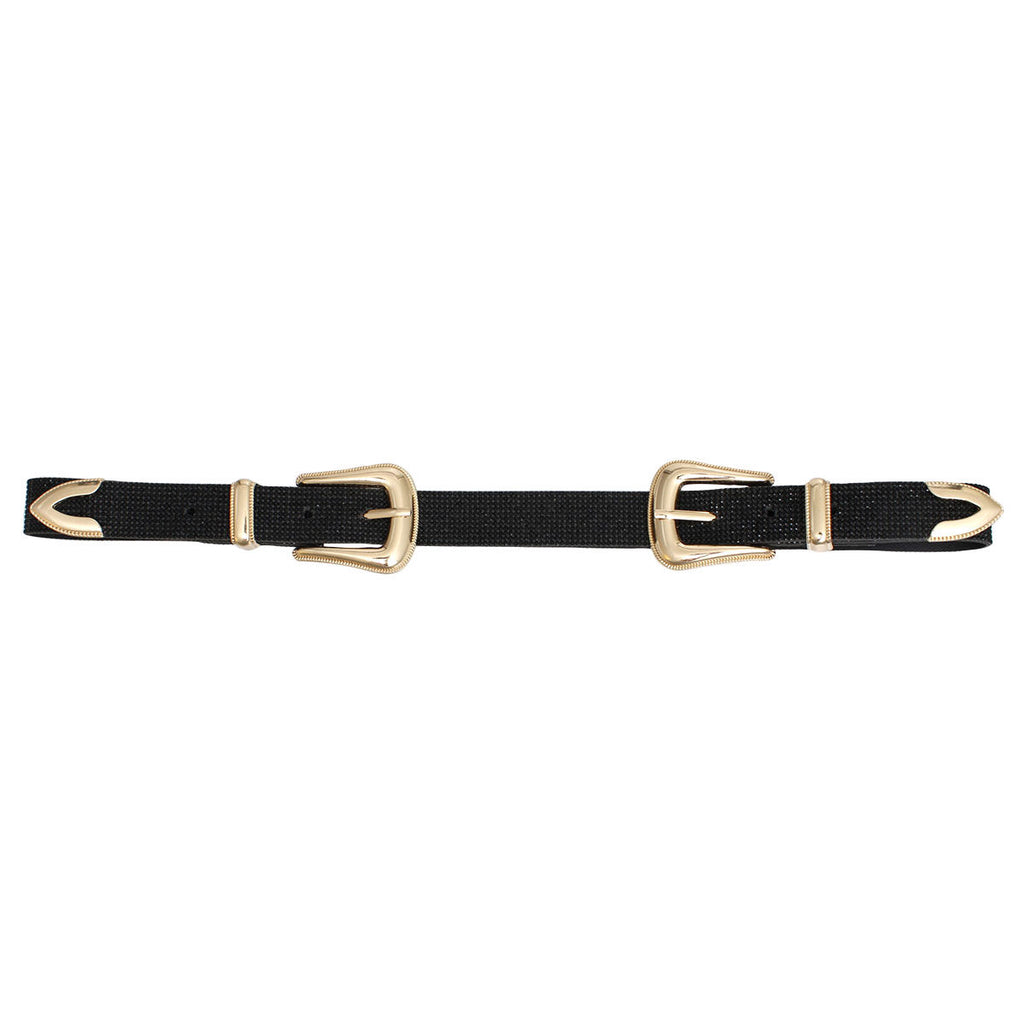 Full black rhinestone double buckle western belt coiled on white background showing both gold metal western buckles with pointed arrow tip hardware, micro black crystal stone coverage across black vegan leather base, black suede-like underside visible