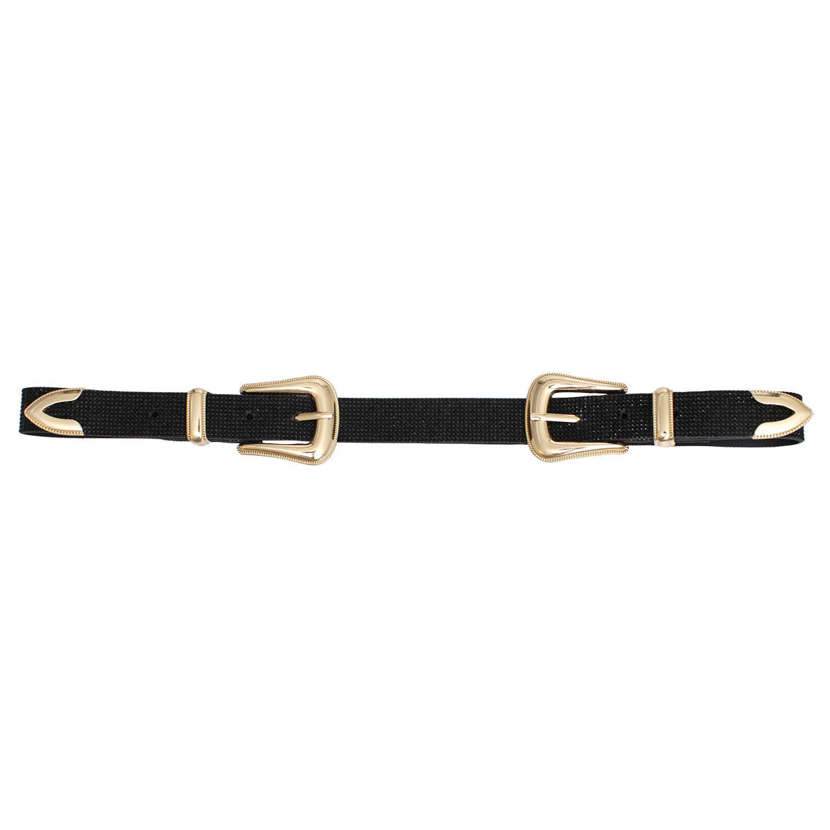 Full black rhinestone double buckle western belt coiled on white background showing both gold metal western buckles with pointed arrow tip hardware, micro black crystal stone coverage across black vegan leather base, black suede-like underside visible