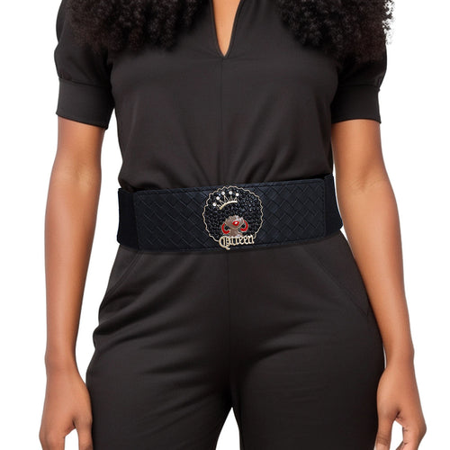 Black wide woven vegan leather stretch belt worn on woman's waist over dark olive V-neck short sleeve jumpsuit, rhinestone Afro Queen medallion at center with black crystal afro, rhinestone crown, red enamel hoop earrings, and gold Queen script lettering, white background