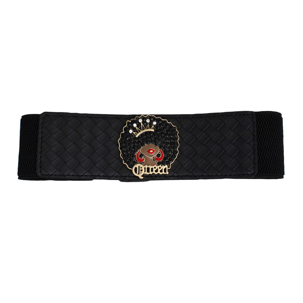Black wide woven vegan leather stretch belt laid flat on white background, diamond lattice woven texture front panel, rhinestone Afro Queen medallion with black crystal afro, rhinestone crown, red enamel hoop earrings, and gold Queen script lettering at center, black canvas stretch sides