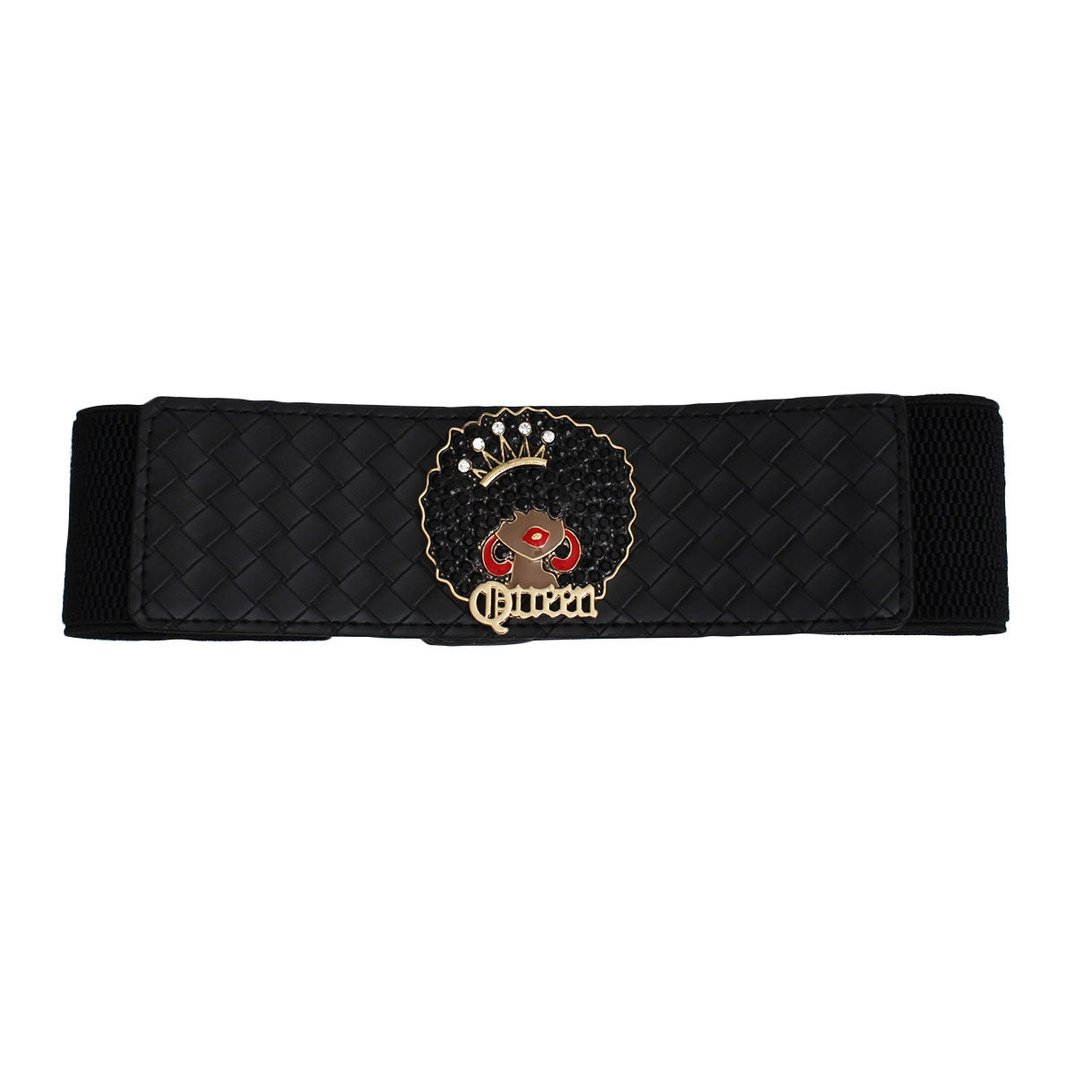 Black wide woven vegan leather stretch belt laid flat on white background, diamond lattice woven texture front panel, rhinestone Afro Queen medallion with black crystal afro, rhinestone crown, red enamel hoop earrings, and gold Queen script lettering at center, black canvas stretch sides