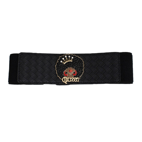 Black wide woven vegan leather stretch belt laid flat on white background, diamond lattice woven texture front panel, rhinestone Afro Queen medallion with black crystal afro, rhinestone crown, red enamel hoop earrings, and gold Queen script lettering at center, black canvas stretch sides
