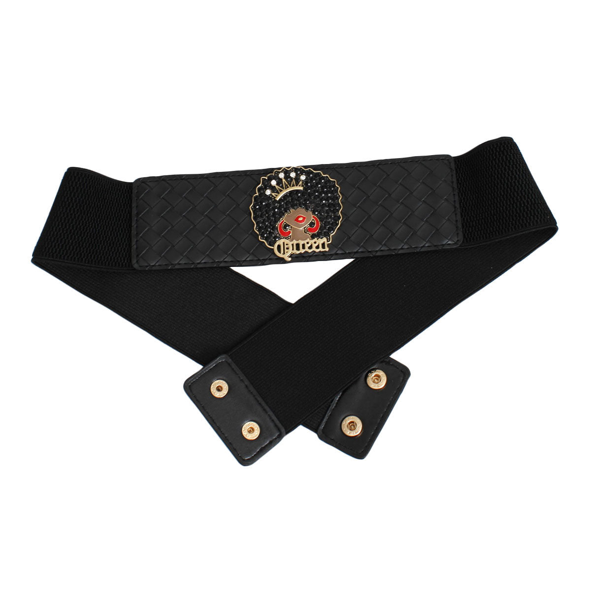 Black wide woven vegan leather stretch belt shown crossed on white background revealing snap closure mechanism, two gold snap buttons on black vegan leather tab ends, black canvas elastic stretch back panel, woven front panel with Afro Queen medallion visible at top