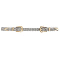 Full rhinestone clear crystal double buckle western belt laid flat on white background, full length view showing two gold metal western buckles with pointed arrow tip hardware at each end, complete micro clear crystal stone coverage across 1-inch wide black vegan leather belt, punch-out holes visible along center