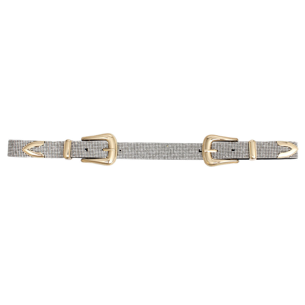 Full rhinestone clear crystal double buckle western belt laid flat on white background, full length view showing two gold metal western buckles with pointed arrow tip hardware at each end, complete micro clear crystal stone coverage across 1-inch wide black vegan leather belt, punch-out holes visible along center