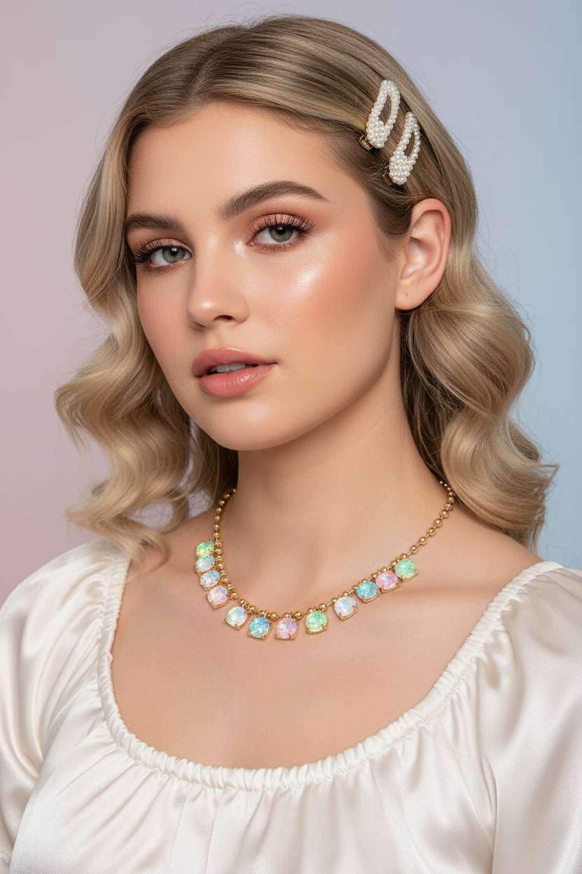 Woman wearing opal multi-tone pastel round stone gold ball chain link necklace with white puff sleeve satin top and pearl hair clip — editorial lifestyle shot on pastel gradient background
