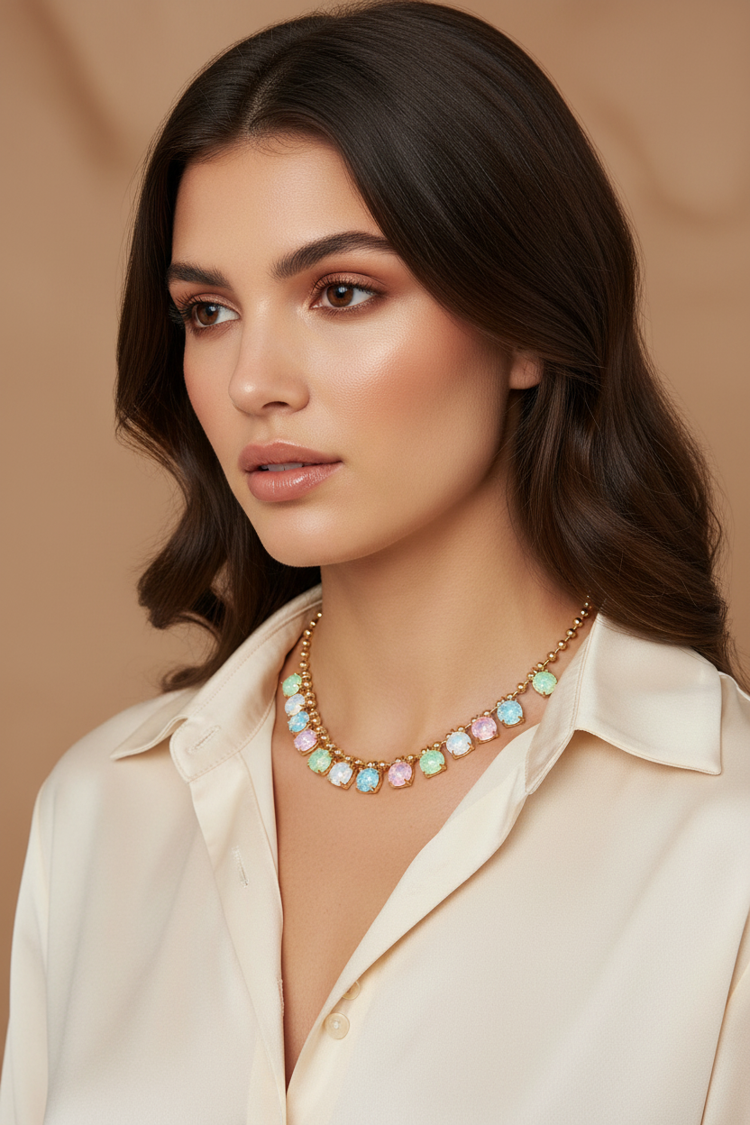 Woman wearing opal multi-tone pastel round stone gold ball chain link necklace with cream satin button-down shirt — close-up portrait on warm beige background