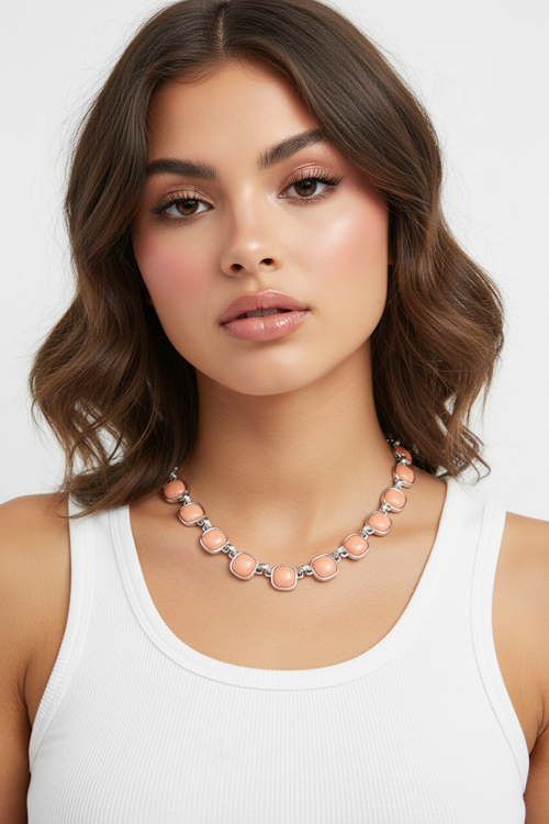 Peach Silver Necklace on Gen Z Model
