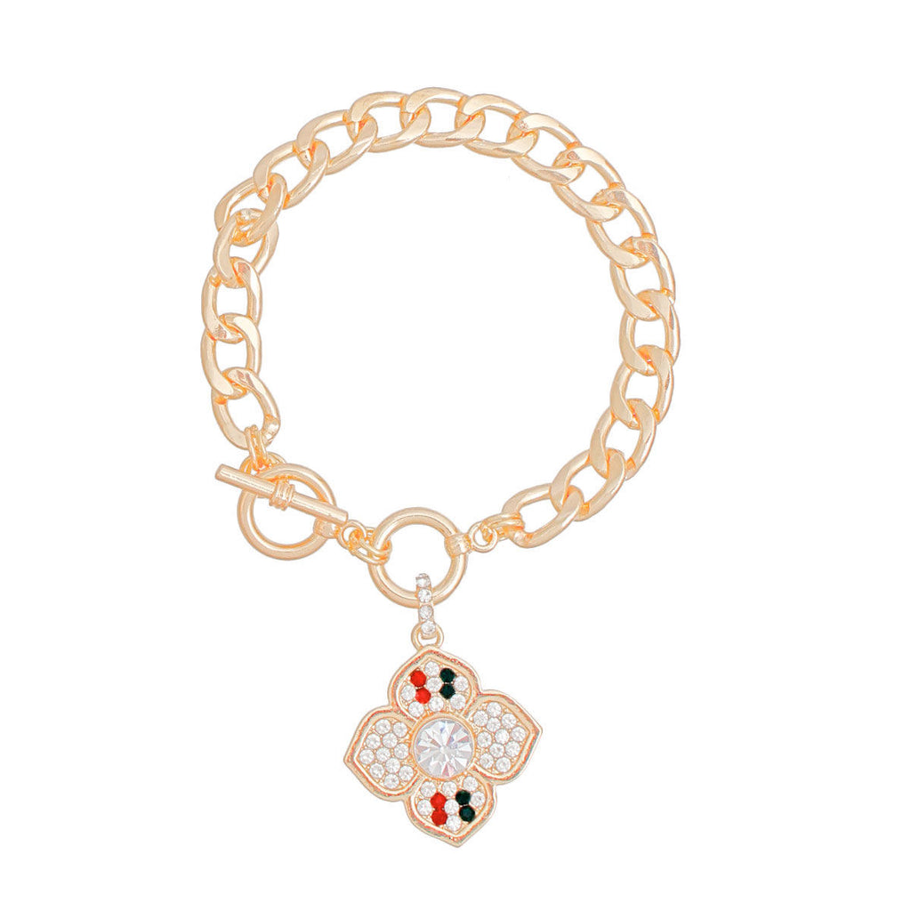 Red & Green Striped Rhinestone Flower Charm Toggle Bracelet