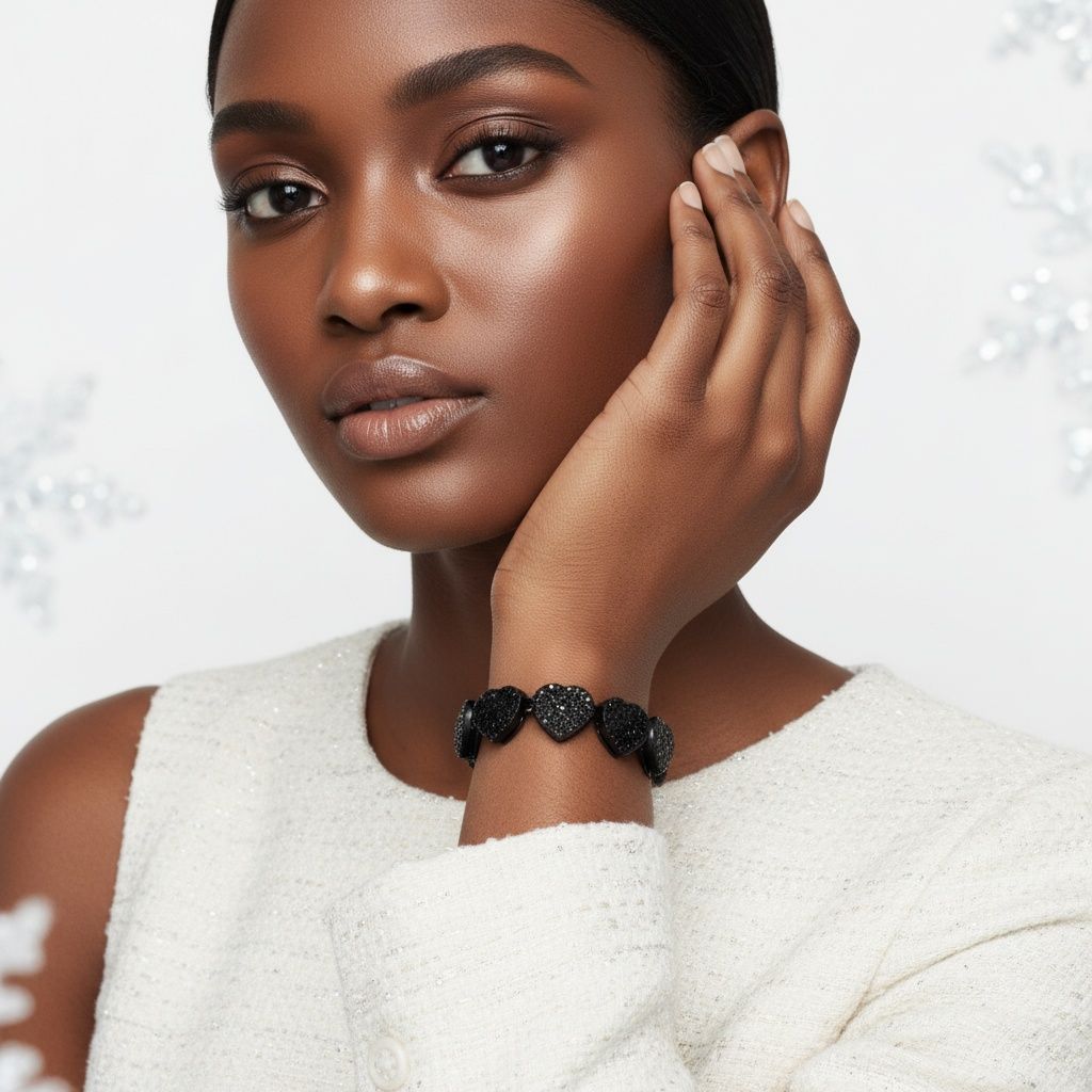 Jet black coated chain bracelet with black pavé heart links, 8.2-inch size, shown in a product image.