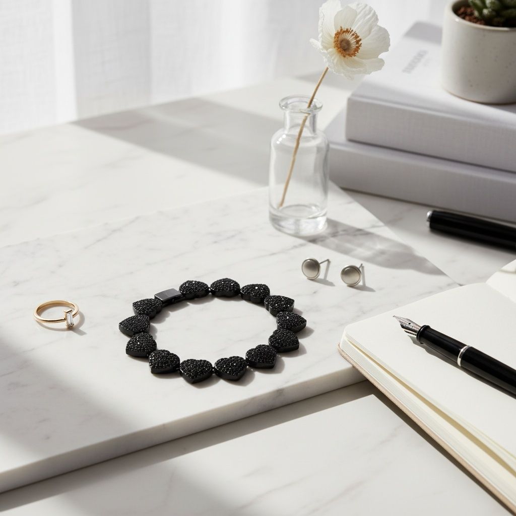 Jet black coated heart-link chain bracelet with black pavé details, shown from an alternate product angle.