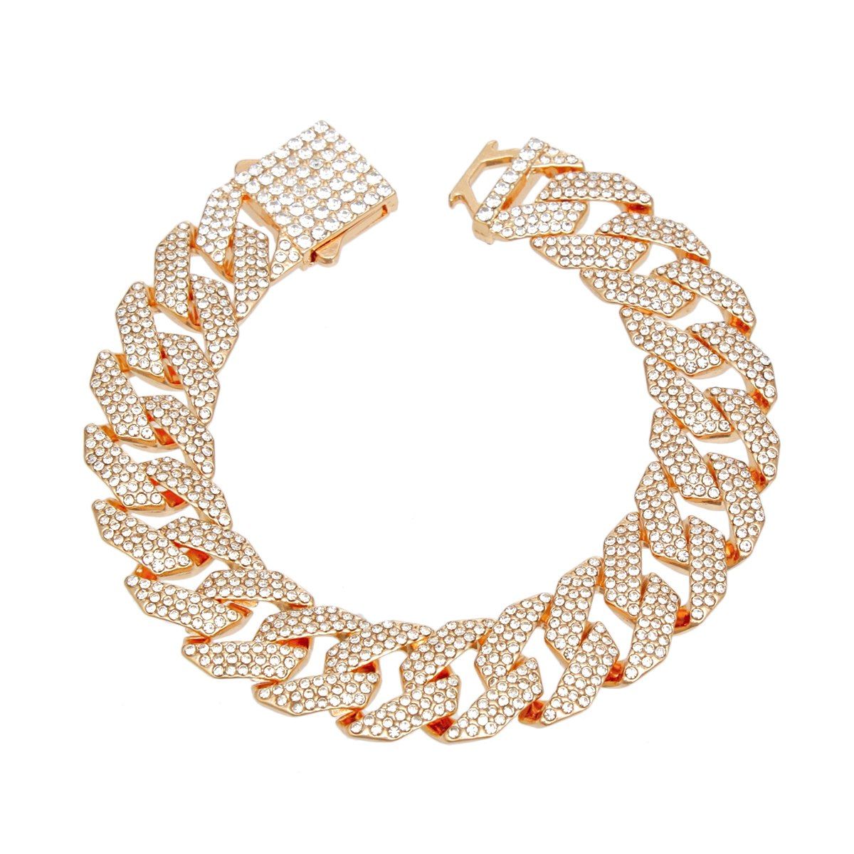 Overhead flat lay of a wide 14mm fully pave clear rhinestone Miami Cuban chain link bracelet arranged in a circle on a white background. A square push-lock box clasp fully covered in clear rhinestones is visible at the top with a safety latch closure in gold tone metal.