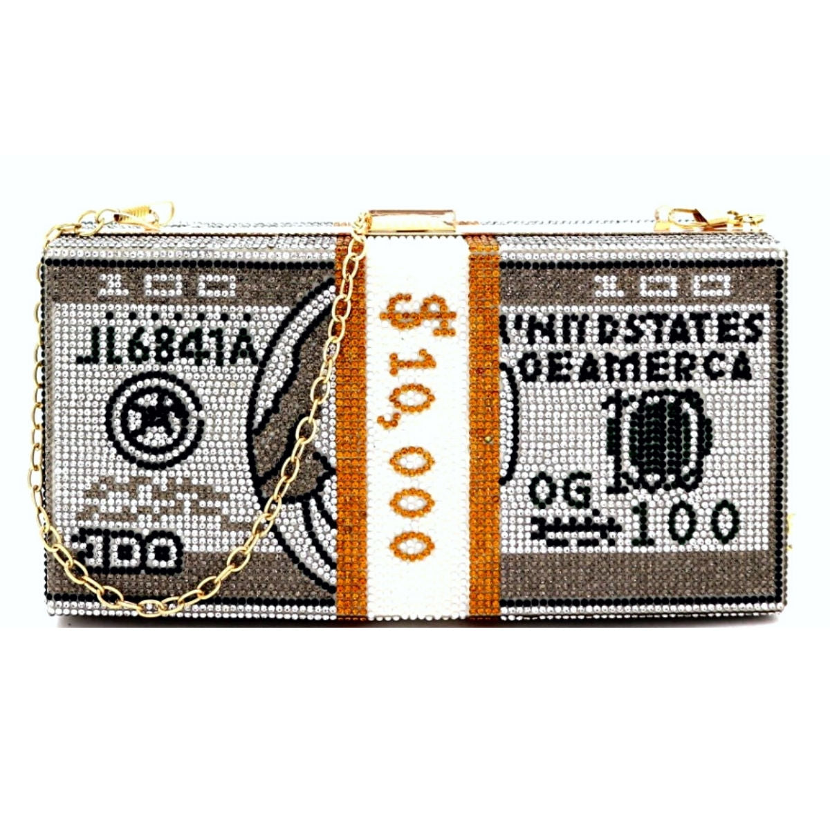 Front-facing view of the rhinestone money-stack clutch showing the full $100 bill design in black, white, and gold crystals, with the gold chain strap pooled in front